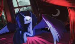 Size: 4000x2350 | Tagged: safe, artist:auroriia, character:pinkie pie, character:princess luna, :<, alternate hairstyle, bed, bedroom, big wings, curved horn, cute, drapes, lidded eyes, looking away, missing accessory, one eye closed, prone, silhouette, solo focus, spread wings, tired, window, wings, wink