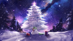 Size: 3000x1687 | Tagged: safe, artist:aquagalaxy, oc, oc only, oc:bing, oc:breezy, bingzy, christmas tree, commission, duo, eyes closed, ornament, present, sitting, snow, snowfall, space, tree, winter
