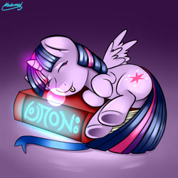 Size: 3000x3000 | Tagged: safe, artist:malamol, character:twilight sparkle, character:twilight sparkle (alicorn), species:alicorn, species:pony, book, bookhorse, bookmark, chibi, cute, female, glow, hnnng, runes, sleeping, solo, that pony sure does love books, tongue out, twiabetes, underhoof