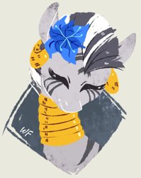 Size: 848x1066 | Tagged: safe, artist:weird--fish, character:zecora, species:zebra, bust, cute, ear piercing, earring, eyes closed, featured on derpibooru, female, flower, flower in hair, happy, jewelry, necklace, piercing, poison joke, portrait, signature, simple background, smiling, solo, wrong muzzle color, zecorable