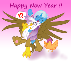 Size: 2900x2500 | Tagged: safe, artist:geraritydevillefort, character:gilda, character:scootaloo, character:trixie, species:bird, species:chicken, species:griffon, species:pegasus, species:pony, cheering, confused, exclamation point, eyes closed, gradient background, happy new year, happy new year 2017, hen, interrobang, open mouth, pink background, ponies riding griffons, question mark, raised hoof, riding, scootachicken, simple background, species swap, spread wings, surprised, trio, wings
