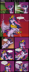 Size: 1717x4247 | Tagged: safe, artist:zsparkonequus, character:twilight sparkle, character:twilight sparkle (alicorn), character:twilight sparkle (unicorn), species:alicorn, species:pony, species:unicorn, balcony, bellyrubs, comic, cross-eyed, crown, dialogue, female, frown, glare, golden oaks library, gun, hilarious in hindsight, implied murder, jewelry, lightning, magic, magic aura, mare, older, older twilight, on back, open mouth, pistol, ponidox, rearing, regalia, self ponidox, smiling, speech bubble, spread wings, sunglasses, telekinesis, text, time paradox, time travel, tyrant sparkle, ultimate twilight, weapon, wide eyes, wings
