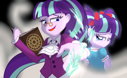 Size: 3100x1900 | Tagged: safe, artist:geraritydevillefort, character:snowfall frost, character:starlight glimmer, episode:a hearth's warming tail, g4, my little pony: friendship is magic, my little pony:equestria girls, book, clothing, equestria girls-ified, magic, pigtails, younger
