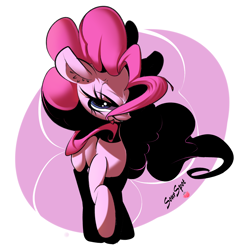 Size: 1280x1293 | Tagged: safe, artist:sourspot, character:pinkie pie, angry, cross-popping veins, female, glare, grin, hair over one eye, hotblooded pinkie pie, lidded eyes, looking at you, raised hoof, simple background, smiling, smirk, solo, white background