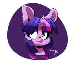 Size: 1280x1084 | Tagged: safe, artist:sourspot, character:twilight sparkle, bust, cute, female, grin, hair over one eye, looking away, portrait, signature, simple background, smiling, solo, white background