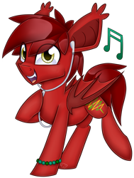 Size: 3332x4404 | Tagged: safe, artist:partylikeanartist, oc, oc only, oc:tune twister, species:bat pony, species:pony, absurd resolution, bat pony oc, bracelet, commission, cute, earbuds, fangs, jewelry, kandi, looking at you, music notes, open mouth, raised hoof, simple background, smiling, solo, transparent background