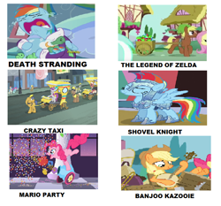 Size: 728x678 | Tagged: safe, artist:brandonale, edit, edited screencap, screencap, character:applejack, character:fluttershy, character:pinkie pie, character:quarter hearts, character:rainbow dash, character:rarity, episode:flutter brutter, episode:pinkie apple pie, episode:rarity takes manehattan, episode:sweet and elite, episode:tanks for the memories, episode:the crystal empire, g4, my little pony: friendship is magic, banjo, banjo kazooie, bathrobe, clothing, crazy taxi, crying, dashie slippers, death stranding, mario party, meme, musical instrument, party cannon, robe, shovel knight, slippers, tank slippers, the legend of zelda, video game