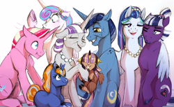 Size: 2586x1581 | Tagged: safe, artist:vindhov, character:night light, character:princess flurry heart, character:twilight velvet, oc, oc:inkwell, oc:love letter, oc:marigold twinkle, oc:nacre shell, oc:riposte, parent:flash sentry, parent:prince rutherford, parent:princess cadance, parent:shining armor, parent:sunburst, parent:twilight sparkle, parents:flashlight, parents:shiningcadance, parents:twiburst, parents:twiford, species:earth pony, species:pegasus, species:pony, species:unicorn, cousins, dope slap, female, filly, flurry heart is not amused, grandparents, half-siblings, hug, hybrid, interspecies offspring, jewelry, male, mare, necklace, offspring, older, older flurry heart, pearl necklace, snip (coat marking), sparkle family, stallion, winghug, yakony