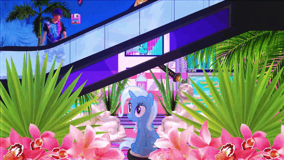 Size: 576x324 | Tagged: safe, artist:bastbrushie, character:trixie, character:twilight sparkle, species:human, aesthetics, animated, dancing, female, gif, happy new year 2017, ponies riding roombas, roomba, scepter, twilight scepter, vaporwave, wat, youtube link