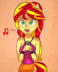 Size: 1024x1280 | Tagged: safe, artist:wolfy-pony, character:sunset shimmer, equestria girls:rainbow rocks, g4, my little pony: equestria girls, my little pony:equestria girls, clothing, female, microphone, music notes, open mouth, ponied up, singing, skirt, sleeveless, solo, welcome to the show
