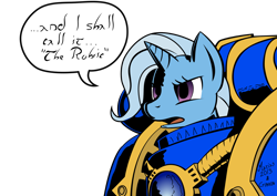 Size: 1600x1130 | Tagged: safe, artist:crimson, artist:darkhestur, character:trixie, species:pony, species:unicorn, ahzek ahriman, armor, crossover, dialogue, female, mare, power armor, powered exoskeleton, simple background, solo, speech bubble, this will end in tears, thousand sons, transparent background, vector, warhammer (game), warhammer 40k