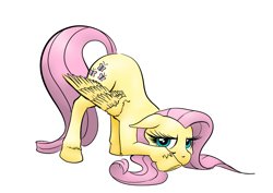 Size: 1169x826 | Tagged: safe, artist:darkhestur, character:fluttershy, species:pegasus, species:pony, bowing, coy, eyelashes, face down ass up, female, lidded eyes, looking at you, shy, simple background, solo, spread wings, white background, wings