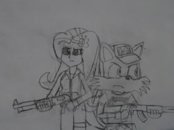 Size: 1024x768 | Tagged: safe, artist:brandonale, character:fluttershy, my little pony:equestria girls, ak-47, assault rifle, clothing, cosplay, costume, crossover, ellis, gun, left 4 dead, left 4 dead 2, miles "tails" prower, rifle, shotgun, sonic the hedgehog (series), traditional art, weapon