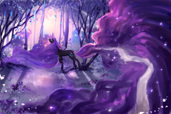 Size: 1024x683 | Tagged: safe, artist:aquagalaxy, character:nightmare rarity, character:rarity, beautiful, ethereal mane, female, forest, impossibly long mane, impossibly long tail, long mane, night, scenery, scenery porn, solo