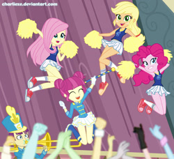Size: 1445x1320 | Tagged: safe, artist:charliexe, character:applejack, character:fluttershy, character:majorette, character:pinkie pie, character:sweeten sour, equestria girls:friendship games, g4, my little pony: equestria girls, my little pony:equestria girls, armpits, background human, boots, cheerleader, clothing, converse, cute, hatless, legs, majorette, missing accessory, pleated skirt, pom pom, shoes, skirt, skirt lift, sneakers, socks, sweeten sour, tank top, wondercolts