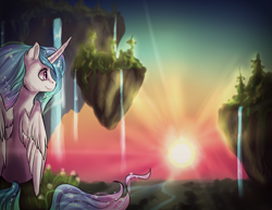 Size: 1448x1118 | Tagged: safe, artist:not-ordinary-pony, character:princess celestia, crepuscular rays, female, floating island, river, scenery, sitting, smiling, solo, sunset, twilight (astronomy), valley, waterfall