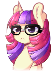 Size: 1280x1633 | Tagged: safe, artist:fluffymaiden, character:moondancer, bust, cute, dancerbetes, ear fluff, female, glasses, request, requested art, simple background, solo, unamused, white background
