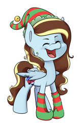 Size: 1104x1738 | Tagged: safe, artist:midnightpremiere, oc, oc only, species:pegasus, species:pony, clothing, elf hat, female, hat, mare, open mouth, simple background, socks, solo, striped socks, transparent background