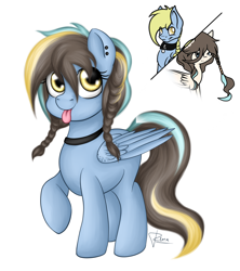 Size: 1600x1800 | Tagged: safe, artist:renaphin, oc, oc only, oc:nocona, oc:windswept skies, parents:oc x oc, species:pegasus, species:pony, braid, charm, collar, crack shipping, drawing meme, ear piercing, foal, offspring, piercing, shipping, simple background, tongue out, white background