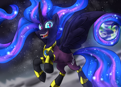 Size: 1500x1078 | Tagged: safe, artist:not-ordinary-pony, character:mane-iac, character:nightmare moon, character:princess luna, clothing, fangs, female, fusion, long mane, long tail, looking at you, moon, open mouth, raised hoof, rearing, smiling, solo, space, spread wings, wings