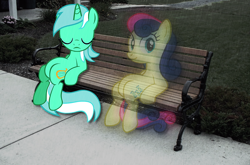 Size: 800x527 | Tagged: safe, artist:ryuuichi-shasame, artist:stinkehund, artist:tamalesyatole, artist:zomgmad, character:bon bon, character:lyra heartstrings, character:sweetie drops, bench, eyes closed, ghost, ghost pony, implied death, irl, park, photo, ponies in real life, sad, sidewalk, sitting, vector