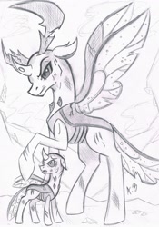 Size: 1593x2276 | Tagged: safe, artist:rossmaniteanzu, character:thorax, species:changeling, species:reformed changeling, episode:to where and back again, g4, my little pony: friendship is magic, broken horn, fight, monochrome, nymph, papa thorax, sketch, traditional art