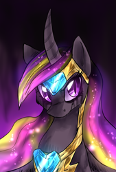 Size: 716x1059 | Tagged: safe, artist:not-ordinary-pony, character:princess cadance, species:alicorn, species:pony, alternate universe, armor, bust, colored pupils, crystal heart, curved horn, female, glowing mane, jewelry, long mane, looking at you, nightmare cadance, nightmarified, portrait, regalia, slit eyes, solo