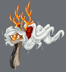 Size: 1280x1390 | Tagged: safe, artist:australian-senior, oc, oc only, oc:bonnie invictus, species:kirin, alternate universe, antlers, bow, bust, colored sclera, crossover, curved horn, female, golden eyes, gray background, hair bow, kirindos, lidded eyes, long neck, looking at you, neck fluff, p-body, ponytail, portal, portal (valve), portal 2, scales, simple background, slit pupils, smiling, solo, sparkles, windswept mane, yellow sclera