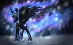 Size: 1394x867 | Tagged: safe, artist:not-ordinary-pony, character:nightmare moon, character:princess luna, species:alicorn, species:pony, big wings, curved horn, female, helmet, long mane, long tail, raised leg, slit eyes, solo, spread wings, wings