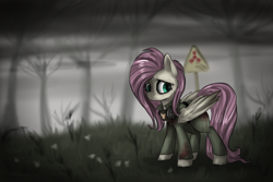 Size: 1442x966 | Tagged: safe, artist:not-ordinary-pony, character:fluttershy, chernobyl, clothing, crossover, female, gas mask, looking away, mask, no mouth, radiation sign, s.t.a.l.k.e.r., sad, solo