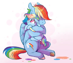 Size: 900x783 | Tagged: safe, artist:vindhov, character:rainbow dash, oc, oc:silver lining (vindhov), parent:rainbow dash, parent:wind rider, parents:windash, species:pegasus, species:pony, crying, female, filly, floppy ears, hair dye, holding a pony, hug, mother and daughter, offspring