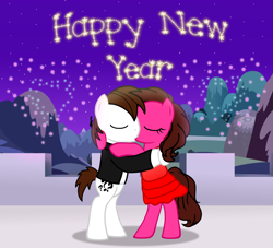 Size: 1024x928 | Tagged: safe, artist:aarondrawsarts, oc, oc only, oc:brain teaser, oc:rose blossom, fireworks, happy new year, happy new year 2017, kissing, love, romance, romantic