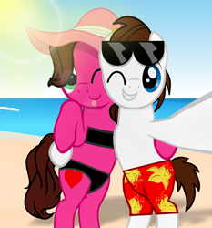 Size: 1024x1098 | Tagged: safe, artist:aarondrawsarts, oc, oc only, oc:brain teaser, oc:rose bloom, species:pony, bikini, bipedal, brainbloom, clothing, selfie, silly, silly face, silly pony, summer, swimsuit