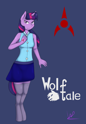 Size: 2754x3959 | Tagged: safe, artist:wolfy-pony, character:twilight sparkle, species:anthro, species:unguligrade anthro, clothing, female, looking at you, signature, skirt, socks, solo, thigh highs, zettai ryouiki
