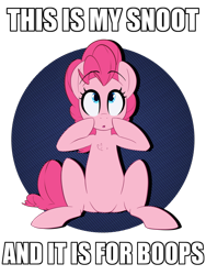 Size: 1024x1365 | Tagged: safe, artist:january3rd, character:pinkie pie, species:earth pony, species:pony, :o, boop, boop the snoot, bronybait, chest fluff, cute, diapinkes, female, image macro, imminent boop, lewd, looking up, mare, meme, open mouth, pointing, shirt design, simple background, sitting, snoot, solo, transparent background, wide eyes