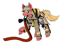 Size: 1000x707 | Tagged: safe, artist:darkhestur, oc, oc only, oc:burning stream, species:earth pony, species:pony, firefighter, gas mask, helmet, hose, mask, mouth hold, simple background, solo, unshorn fetlocks, white background