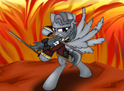 Size: 2700x2000 | Tagged: safe, artist:geraritydevillefort, character:rainbow dash, species:pony, bipedal, clothing, dual wield, edmond dantes, female, fire, hoof hold, rainbow dantes, solo, sword, the count of monte cristo, the count of monte rainbow, weapon