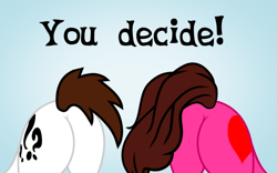 Size: 540x337 | Tagged: safe, artist:aarondrawsarts, oc, oc only, oc:brain teaser, oc:rose bloom, species:earth pony, species:pony, brainbloom, butt, butt only, choice, contest, duo, female, gradient background, male, mare, plot, presenting, stallion, text, tumblr, you decide