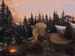 Size: 1600x1200 | Tagged: safe, artist:celestiawept, oc, oc only, oc:hard cider, species:pegasus, species:pony, campfire, couple, duo, ear piercing, fire, forest, hoof hold, hug, mug, nose piercing, nose ring, piercing, pot, snow, tent, winghug, winter