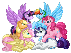 Size: 6700x5000 | Tagged: safe, artist:amazing-artsong, character:applejack, character:fluttershy, character:pinkie pie, character:rainbow dash, character:rarity, character:twilight sparkle, character:twilight sparkle (alicorn), species:alicorn, species:earth pony, species:pegasus, species:pony, species:unicorn, absurd resolution, applejack's hat, clothing, commission, cowboy hat, ear fluff, female, freckles, hat, holding hooves, lying down, mane six, mare, one eye closed, open mouth, prone, rearing, simple background, sitting, smiling, spread wings, standing, stetson, transparent background, wings