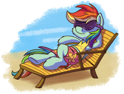 Size: 2839x2160 | Tagged: safe, artist:pirill, character:rainbow dash, 30 minute art challenge, beach chair, clothing, female, relaxing, shorts, shutter shades, solo, swimsuit, winter swimsuit