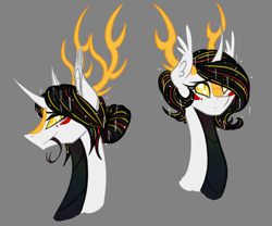 Size: 1280x1065 | Tagged: safe, artist:australian-senior, oc, oc only, oc:niomedes invictus, species:alicorn, species:kirin, species:pony, alternate universe, antlers, bust, colored sclera, crossover, forked tongue, glados, golden eyes, gray background, hair bun, kirindos, portal, portal (valve), portal 2, scales, simple background, solo