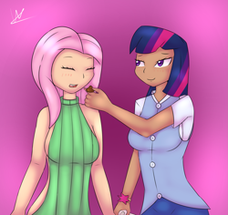 Size: 2479x2338 | Tagged: safe, artist:wolfy-pony, character:fluttershy, character:twilight sparkle, species:human, ship:twishy, backless, breasts, busty fluttershy, chocolate, clothing, cute, feeding, female, food, humanized, lesbian, open mouth, open-back sweater, pants, shipping, sideboob, sleeveless sweater, sweater, sweatershy, virgin killer sweater