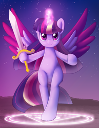 Size: 1275x1650 | Tagged: safe, artist:zelc-face, character:twilight sparkle, character:twilight sparkle (alicorn), species:alicorn, species:pony, bipedal, colored wings, female, hoof hold, magic, magic circle, multicolored hair, multicolored wings, solo, stars, sword, twilight (astronomy), weapon