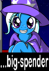 Size: 338x491 | Tagged: safe, artist:marcusmaximus, character:trixie, species:pony, species:unicorn, cape, clothing, cute, diatrixes, expand dong, exploitable meme, female, hat, looking at you, mare, meme, minty fresh adventure, smiling, solo, starry eyes, trixie's cape, trixie's hat, wingding eyes