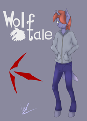 Size: 3751x5224 | Tagged: safe, artist:wolfy-pony, oc, oc only, oc:harmonic wolfsbane, species:anthro, species:pony, species:unguligrade anthro, species:unicorn, species:wolf, absurd resolution, anthro oc, clothing, hair over one eye, hybrid, looking at you, male, pants, simple background, solo, stallion, standing, sweater, text
