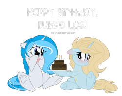 Size: 2400x1895 | Tagged: safe, artist:kellythedrawinguni, oc, oc only, oc:bubble lee, species:pony, species:unicorn, cake, cute, duo, duo female, female, food, gift art, happy birthday, mare, ocbetes, simple background, sitting, smiling, transparent background