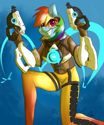 Size: 1024x1229 | Tagged: safe, artist:passigcamel, character:rainbow dash, species:anthro, crossover, female, goggles, grin, gun, overwatch, rainbow tracer, smiling, solo, tracer, weapon