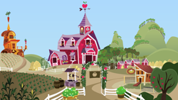 Size: 1562x880 | Tagged: safe, artist:stinkehund, background, carrot farm, chicken coop, corn, scenery, svg, sweet apple acres, vector