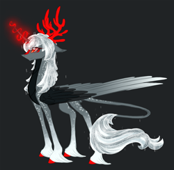 Size: 1866x1821 | Tagged: safe, artist:australian-senior, oc, oc only, oc:sybill invictus, species:alicorn, species:kirin, species:pony, alternate universe, antlers, colored hooves, colored sclera, crossover, gray background, kirindos, leonine tail, magic, oracle turret, portal, portal (valve), portal 2, red eyes, redesign, simple background, sketch, solo, unshorn fetlocks